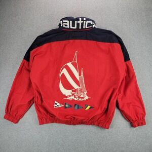 Nautica Sailing Jacket Mens Medium Red Navy Vintage 90s Graphic Hooded 3722